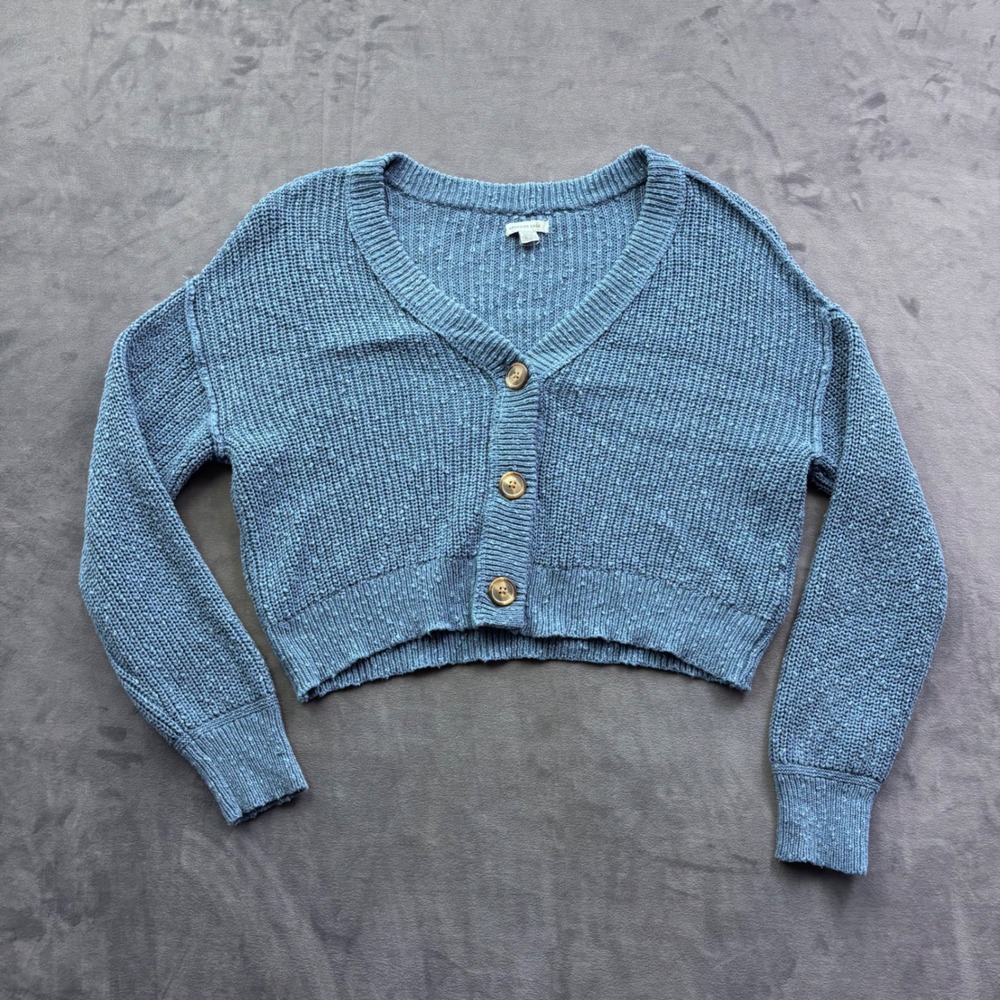 American Eagle Blue Cropped Cardigan Sweater V-Neck Button Front Small